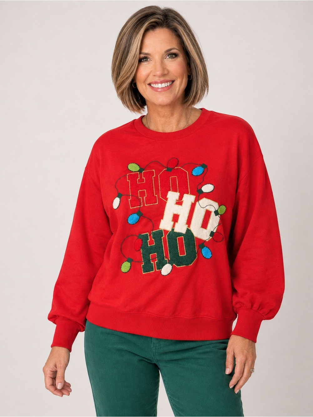 NWT Umgee Red Ho Ho Ho Christmas Lights Applique Sweatshirt Size Medium